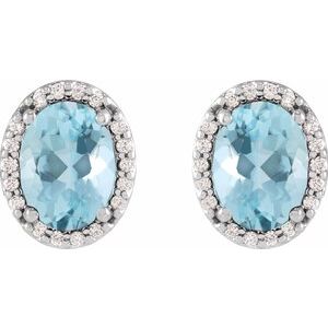14K White Gold Oval 6 X 4 Mm Natural Aquamarine And .06 Ctw Natural Diamond Halo-Style Basket Earrings