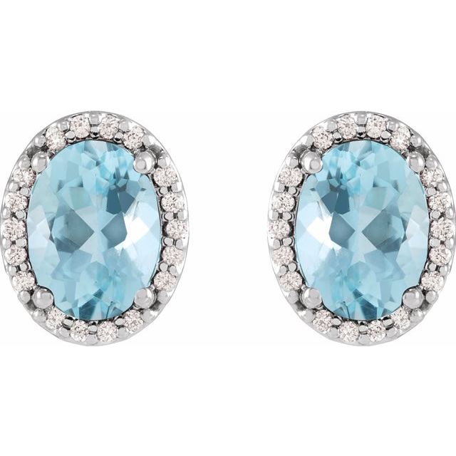 Platinum Oval 6 X 4 Mm Friction Back Polished Natural Aquamarine And .06 Ctw Natural Diamond Halo-Style Basket Earrings