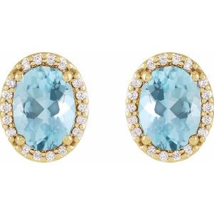 14K Yellow Gold Oval 6 X 4 Mm Natural Aquamarine And .06 Ctw Natural Diamond Halo-Style Basket Earrings