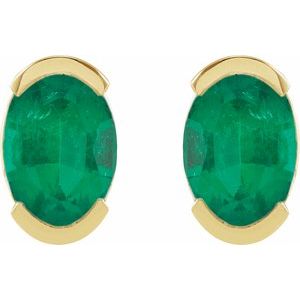 14K Yellow Gold Oval Shape 6 X 4 Mm Lab-Grown Emerald Half Bezel Earrings