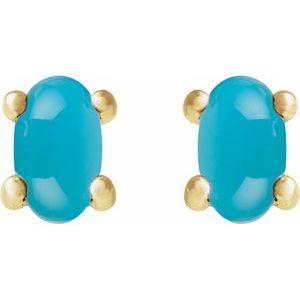 14K Yellow Gold Oval Shape 7 X 5 Mm Natural Turquoise Cabochon 4-Prong Stud Earrings