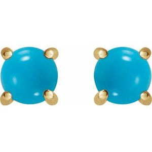 14K White Or Yellow Gold Or Sterling Silver Round Shape Natural Turquoise Cabochon 4-Prong Earrings