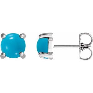 14K White Or Yellow Gold Or Sterling Silver Round Shape Natural Turquoise Cabochon 4-Prong Earrings