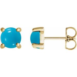 14K White Or Yellow Gold Or Sterling Silver Round Shape Natural Turquoise Cabochon 4-Prong Earrings