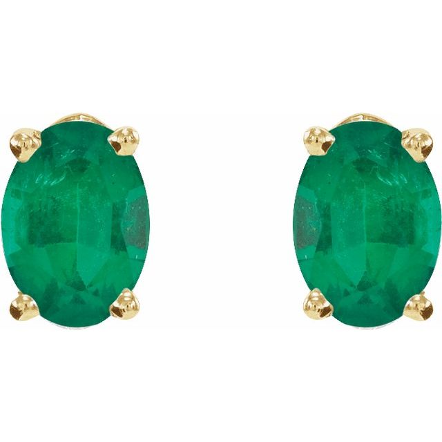 14K Yellow Gold Oval 7 X 5 Mm Friction Polished Lab-Grown Emerald 4-Prong Earrings