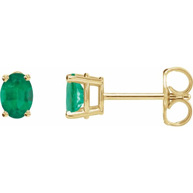 14K Yellow Gold Oval 7 X 5 Mm Friction Polished Lab-Grown Emerald 4-Prong Earrings