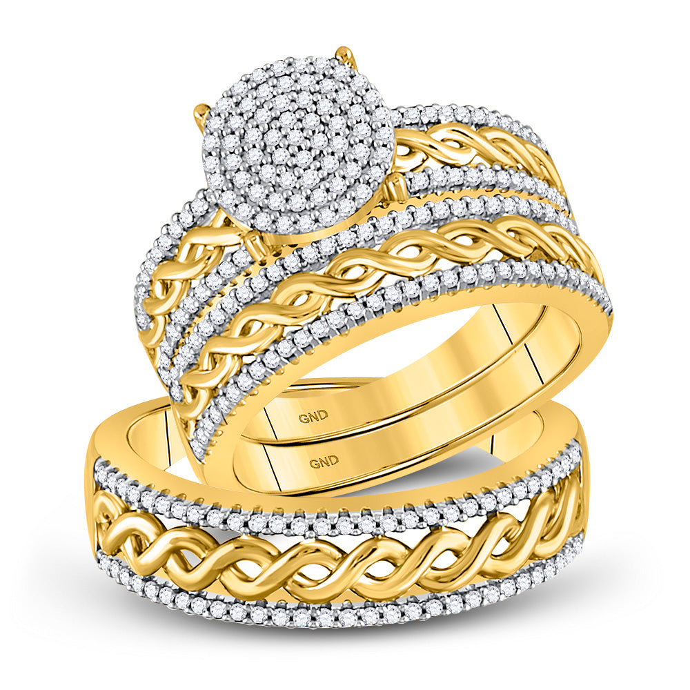 10K Yellow Gold His Hers Round Diamond Cluster Matching Wedding Set 5/8 Cttw, Womens Size: 5-10, Mens Size: 7-13