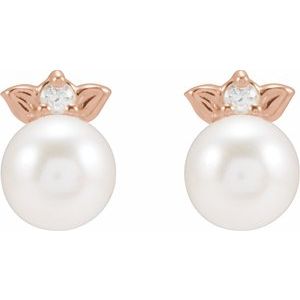 14K Rose Gold Pearl 5 Mm Cultured Pearl And .03 Ctw Natural Diamond Floral Earrings
