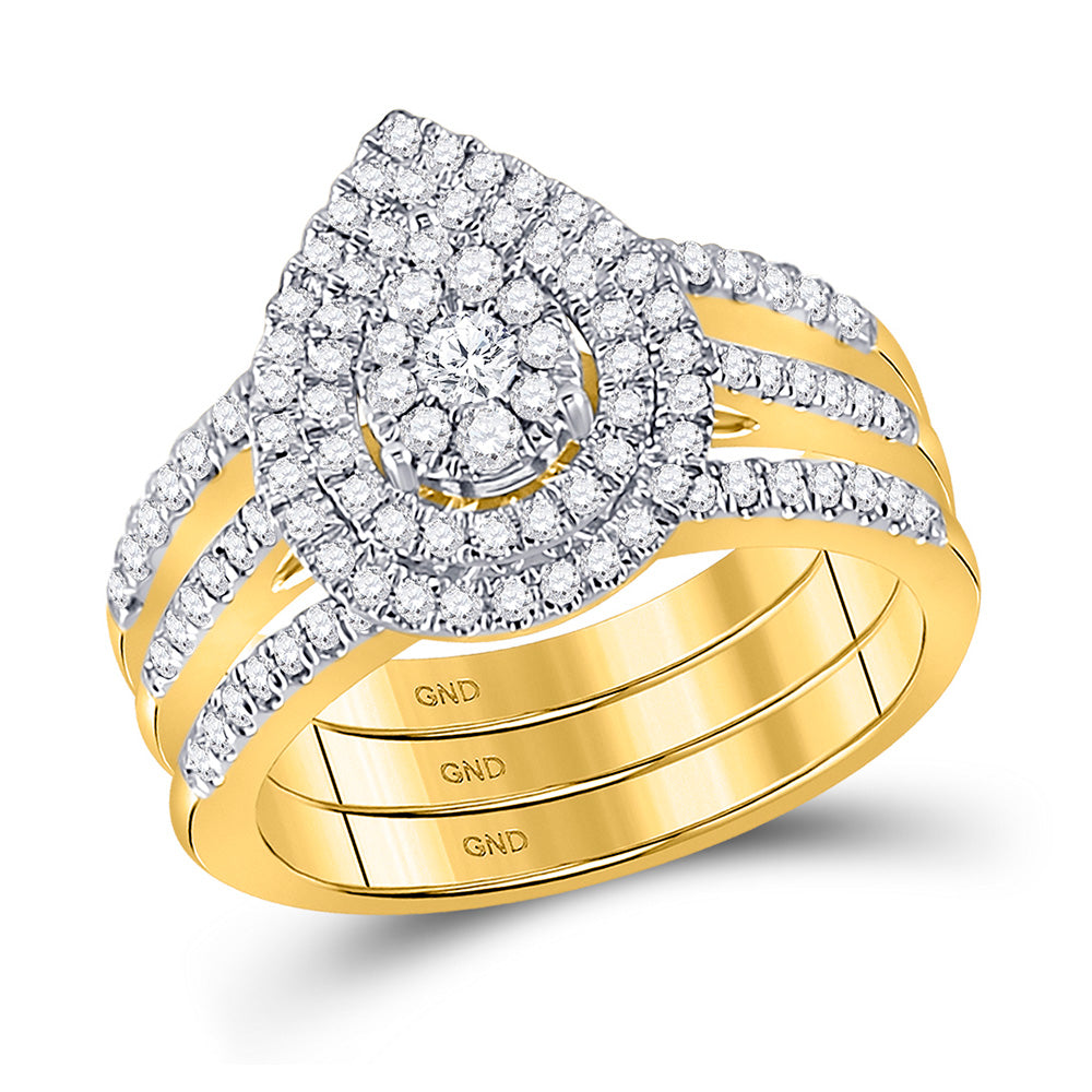 14K Yellow Gold Round Diamond Cluster 3-Piece Bridal Wedding Ring Band Set 3/4 Cttw, Womens Size: 5-10