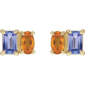 14K Yellow Gold Emerald 5 X 3 Mm Natural Tanzanite And Natural Citrine Stud Earrings
