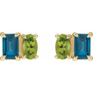 14K Yellow Gold Emerald 5 X 3 Mm Natural London Blue Topaz And Natural Peridot Stud Earrings