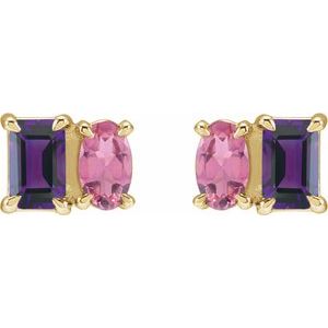14K Yellow Gold Emerald 5 X 3 Mm Natural Amethyst And Natural Pink Tourmaline Stud Earrings