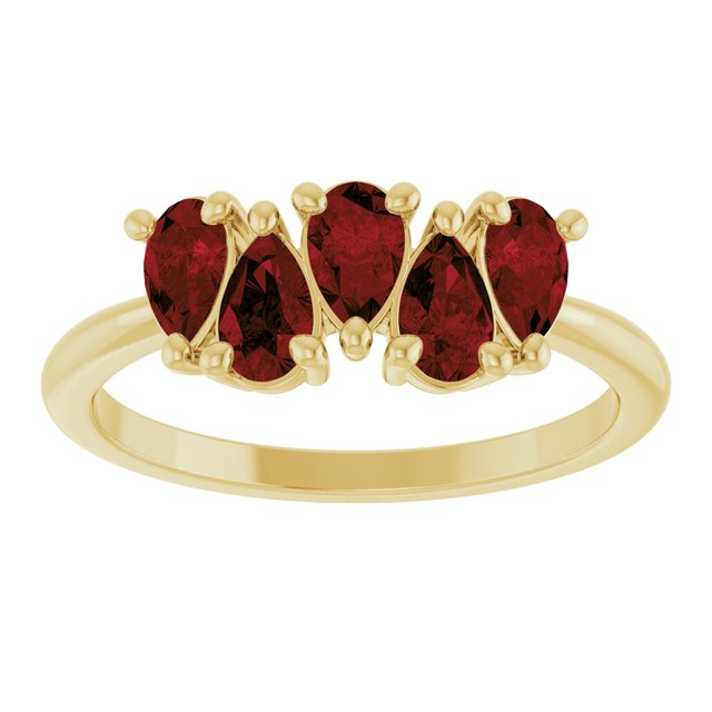 14K Yellow Gold Pear 5 X 3 Mm Polished Natural Mozambique Garnet Five-Stone Ring, Size 7