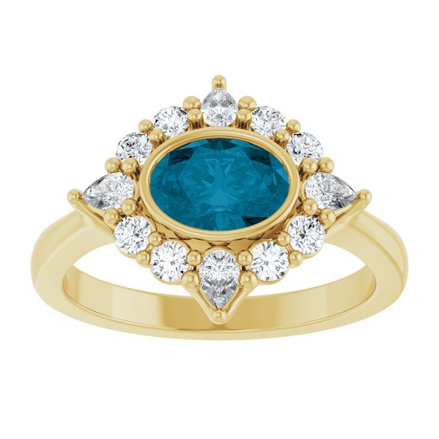 14K Yellow Gold Oval 7 X 5 Mm Polished Natural London Blue Topaz And 3/8 Ctw Lab-Grown Diamond Halo-Style Ring, Size 7