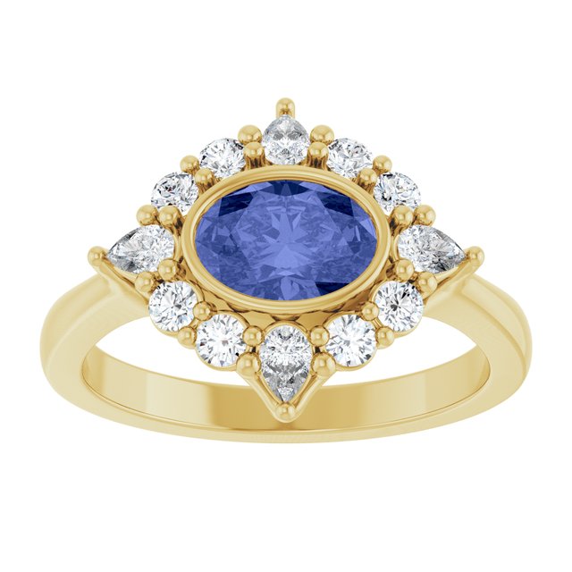 14K Yellow Gold Oval 7 X 5 Mm Polished Natural Tanzanite And 3/8 Ctw Lab-Grown Diamond Halo-Style Ring, Size 7