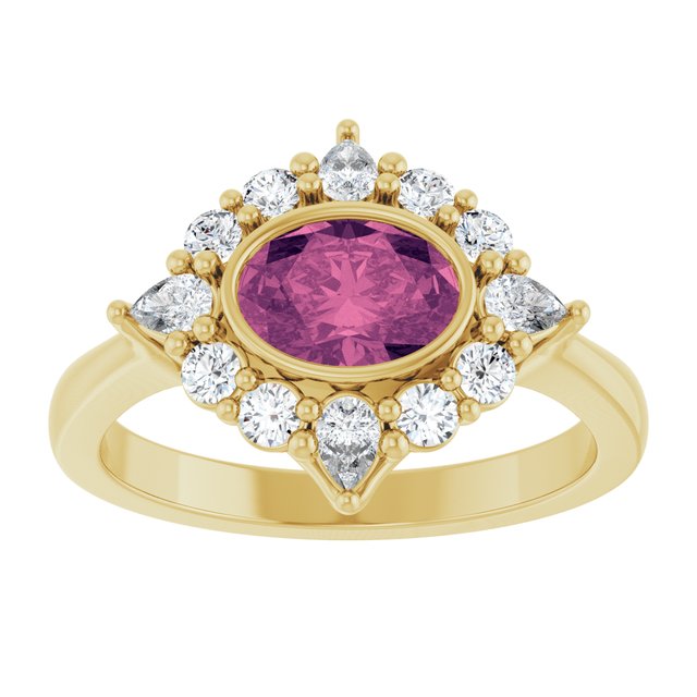 14K Yellow Gold Oval 7 X 5 Mm Polished Natural Pink Tourmaline And 3/8 Ctw Lab-Grown Diamond Halo-Style Ring, Size 7