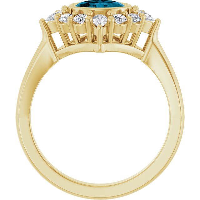 14K Yellow Gold Oval 7 X 5 Mm Polished Natural London Blue Topaz And 3/8 Ctw Lab-Grown Diamond Halo-Style Ring, Size 7