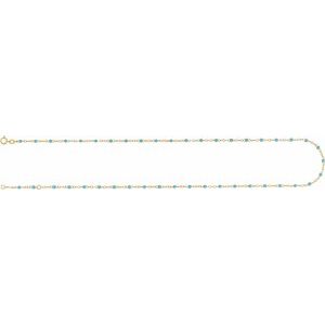 14K Yellow Gold Turquoise 9-10 In 2 Mm Enamel Bead Adjustable Chain