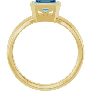 14K Yellow Gold Emerald 7 X 5 Mm Polished Natural Sky Blue Topaz Bezel Set Solitarie Ring Size 7