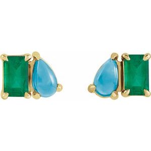 14K Yellow Gold Emerald 5 X 3 Mm Lab-Grown Emerald And Natural Turquoise Stud Earrings