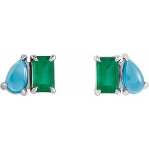 14K White Gold Emerald 5 X 3 Mm Lab-Grown Emerald And Natural Turquoise Stud Earrings