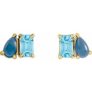 14K Yellow Gold Emerald 5 X 3 Mm Natural Sky Blue Topaz And Natural London Blue Topaz Stud Earrings