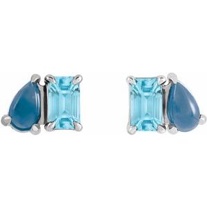 14K White Gold Emerald 5 X 3 Mm Natural Sky Blue Topaz And Natural London Blue Topaz Stud Earrings