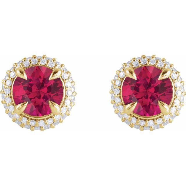14K Yellow Gold 6.5 Mm Round Friction Back Polished Lab-Grown Ruby And 1/2 Ctw Lab-Grown Diamond 4-Claw Prong Pre-Notched Double Halo-Style Earrings