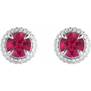 14K White Gold Round 6.5 Mm Lab-Grown Ruby And 1/2 Ctw Lab-Grown Diamond 4-Claw Prong Pre-Notched Double Halo-Style Earrings