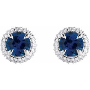 14K White Gold Round 6.5 Mm Lab-Grown Blue Sapphire And 1/2 Ctw Lab-Grown Diamond 4-Claw Prong Pre-Notched Double Halo-Style Earrings