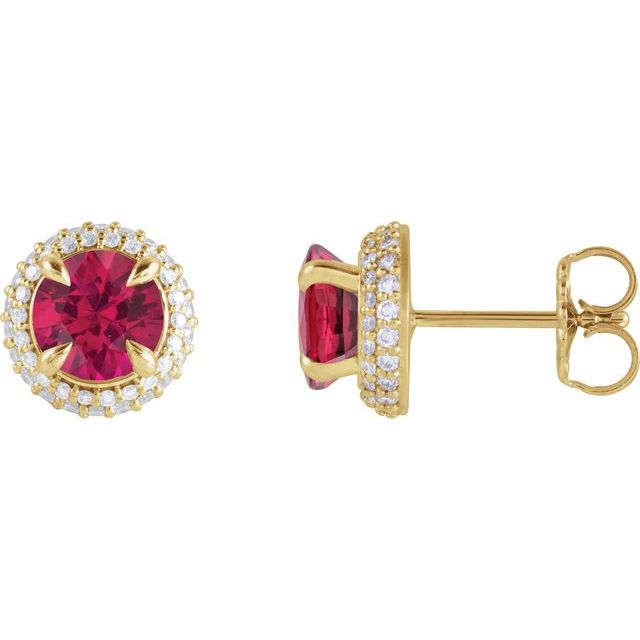14K Yellow Gold 6.5 Mm Round Friction Back Polished Lab-Grown Ruby And 1/2 Ctw Lab-Grown Diamond 4-Claw Prong Pre-Notched Double Halo-Style Earrings