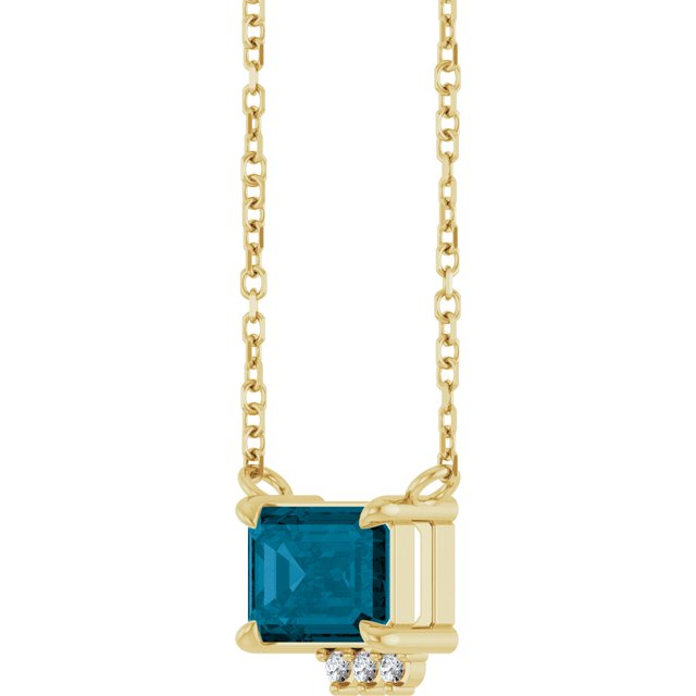 14K Yellow Gold Emerald 7 X 5Mm I1, G-H 18 In Polished Natural London Blue Topaz And .025 Ctw Natural Diamond Claw Prong Necklace