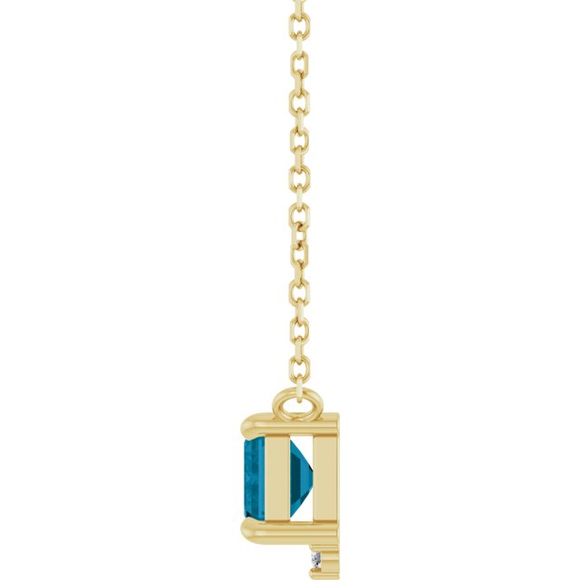 14K Yellow Gold Emerald 7 X 5Mm I1, G-H 18 In Polished Natural London Blue Topaz And .025 Ctw Natural Diamond Claw Prong Necklace