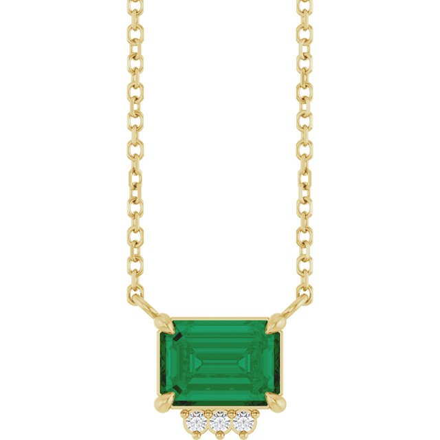 14K Yellow Gold Emerald 7 X 5Mm I1, G-H 18 In Polished Lab-Grown Emerald And .025 Ctw Natural Diamond Claw Prong Necklace