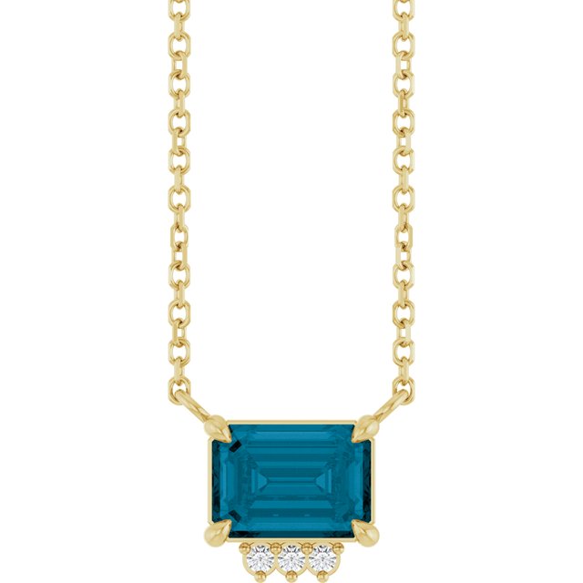 14K Yellow Gold Emerald 7 X 5Mm I1, G-H 18 In Polished Natural London Blue Topaz And .025 Ctw Natural Diamond Claw Prong Necklace