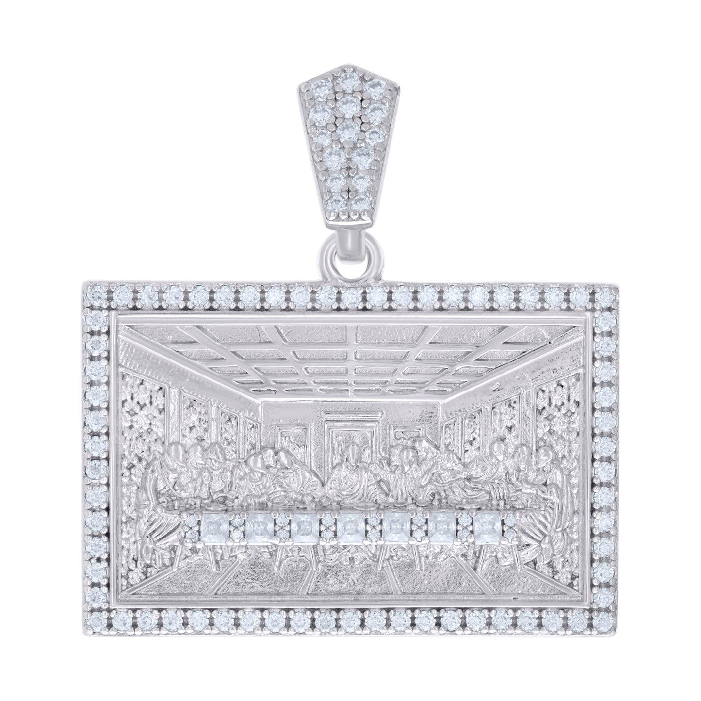 Sterling Silver Mens 1.22ct, 0.40ct Baguette Round Moissanite Last Supper Religious Pendant