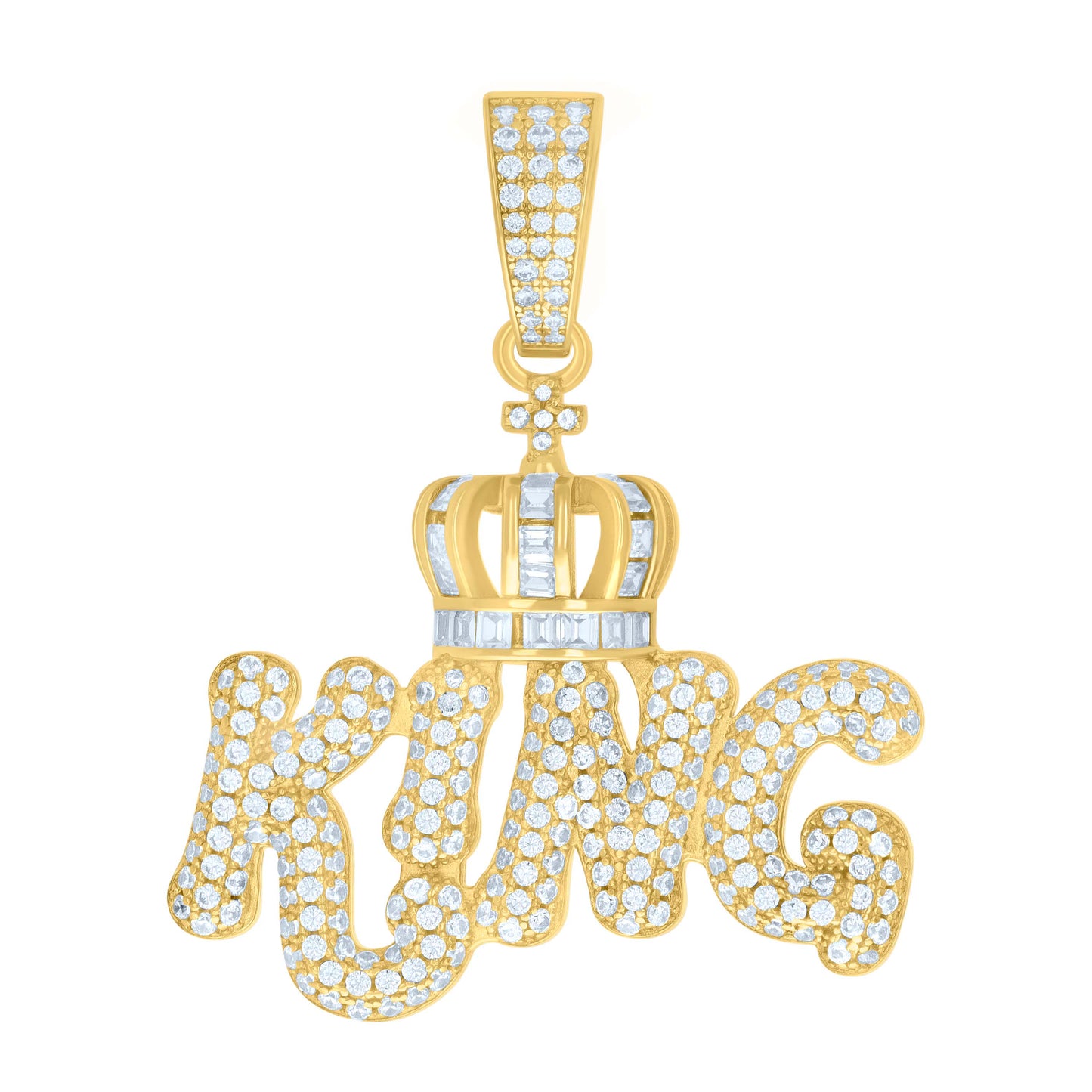 Sterling Silver Mens Round Baguette Moissanite King Fashion Charm Pendant