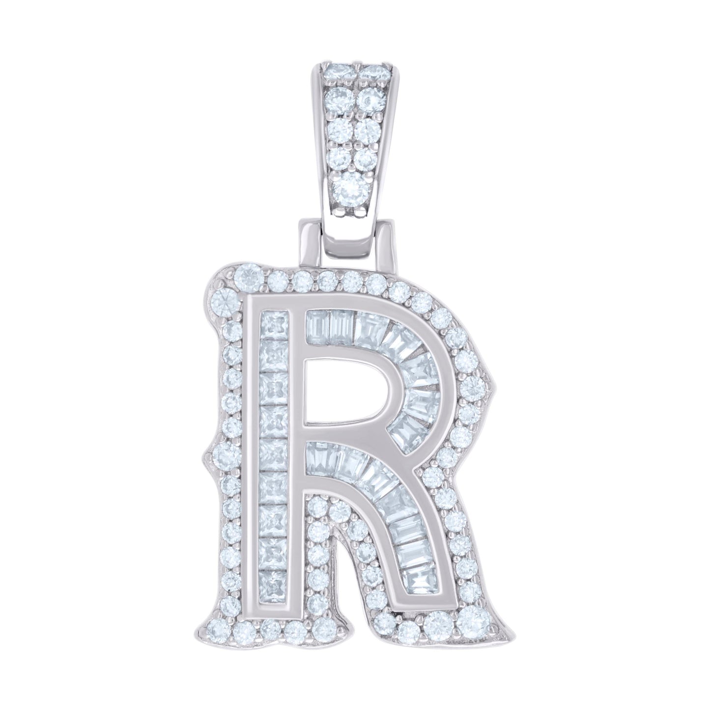 Sterling Silver Or Yellow-tone Unisex Baguette Round Moissanite 0.59ct Initial Alphabet Charm Pendant