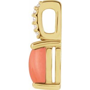 14K Yellow Gold Oval 7 X 5Mm Natural Pink Coral And .02 Ctw Natural Diamond Cabochon Pendant