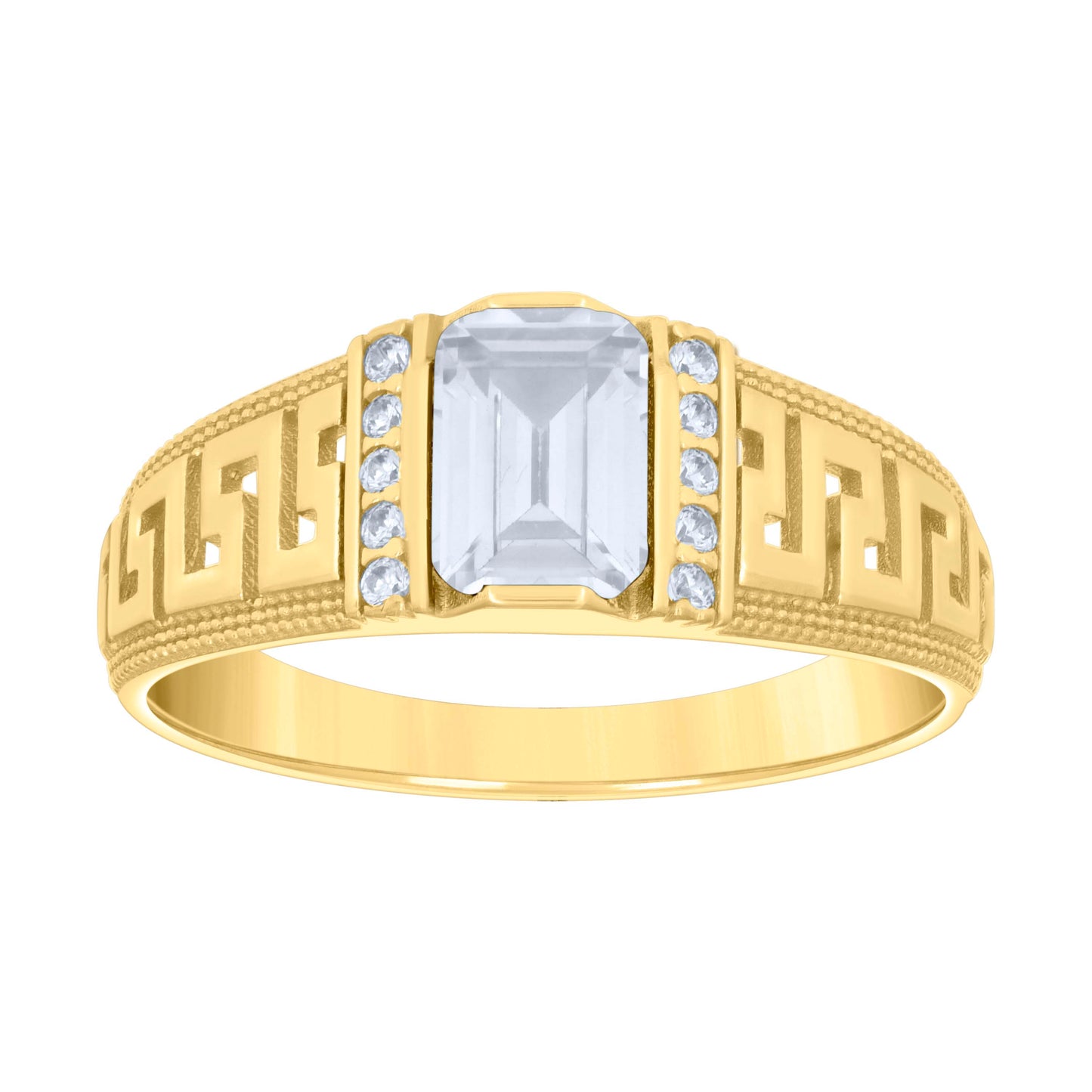 14K Yellow Gold Womens Emerald Round Cubic-Zirconia Greek Key Sides Fashion Bridal Anniversary Engagement Wedding Ring