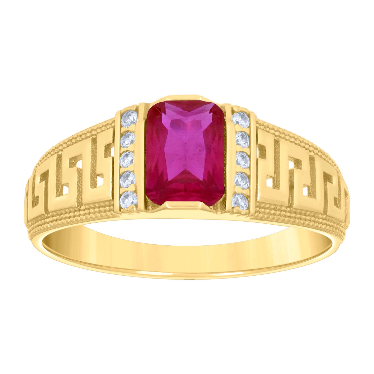 14K Yellow Gold Womens Emerald Round Cubic-Zirconia Greek Key Sides Fashion Bridal Anniversary Engagement Wedding Ring