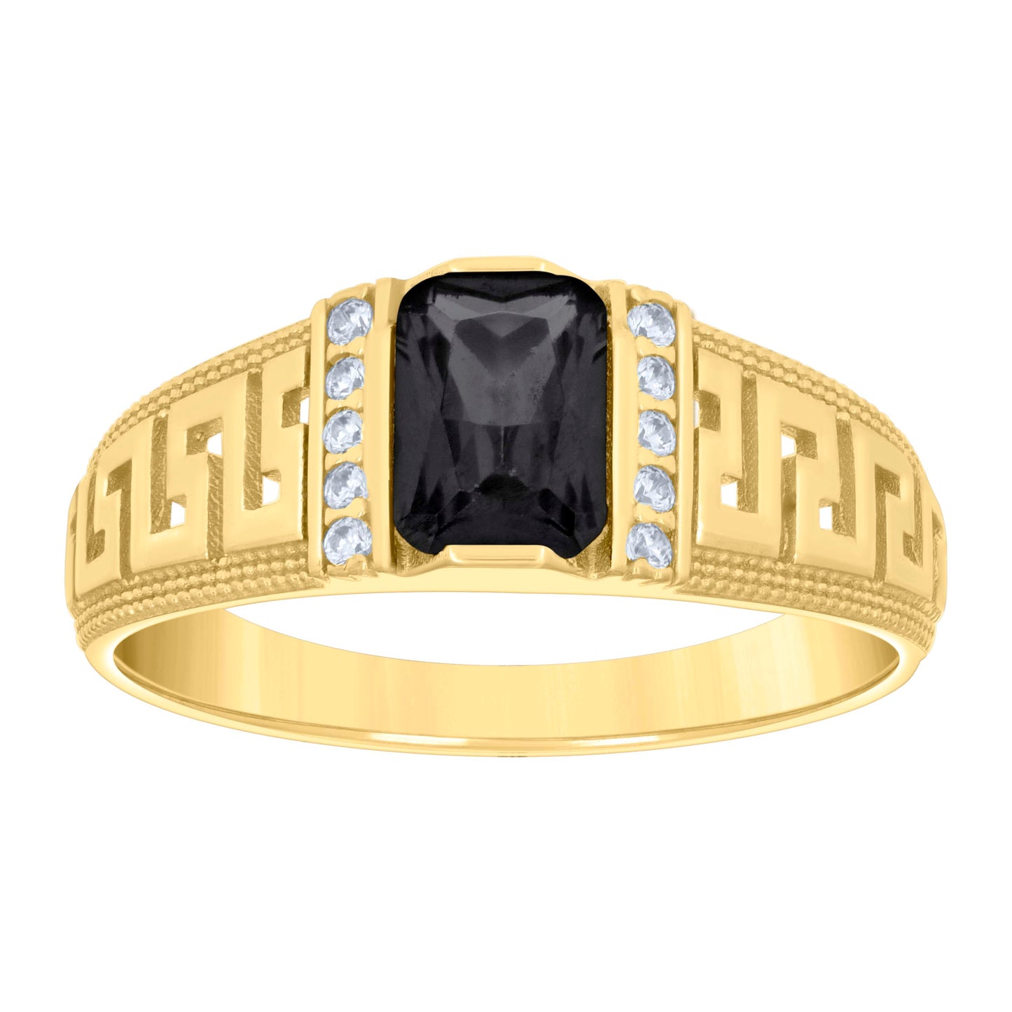 14K Yellow Gold Womens Emerald Round Cubic-Zirconia Greek Key Sides Fashion Bridal Anniversary Engagement Wedding Ring