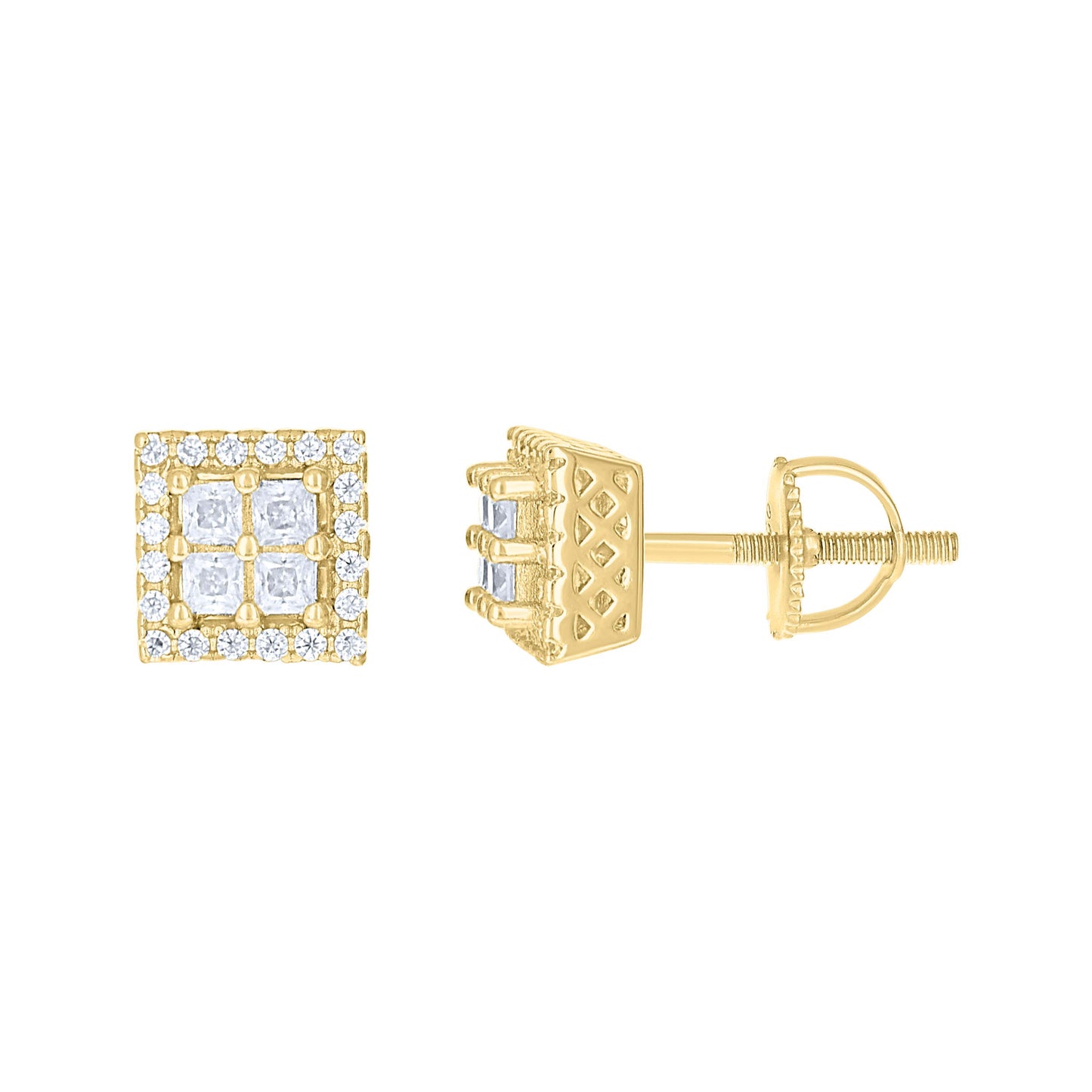 Sterling Silver Or Yellow-Tone Womens Princess-Cut Round Moissanite Square Fashion Stud Earrings