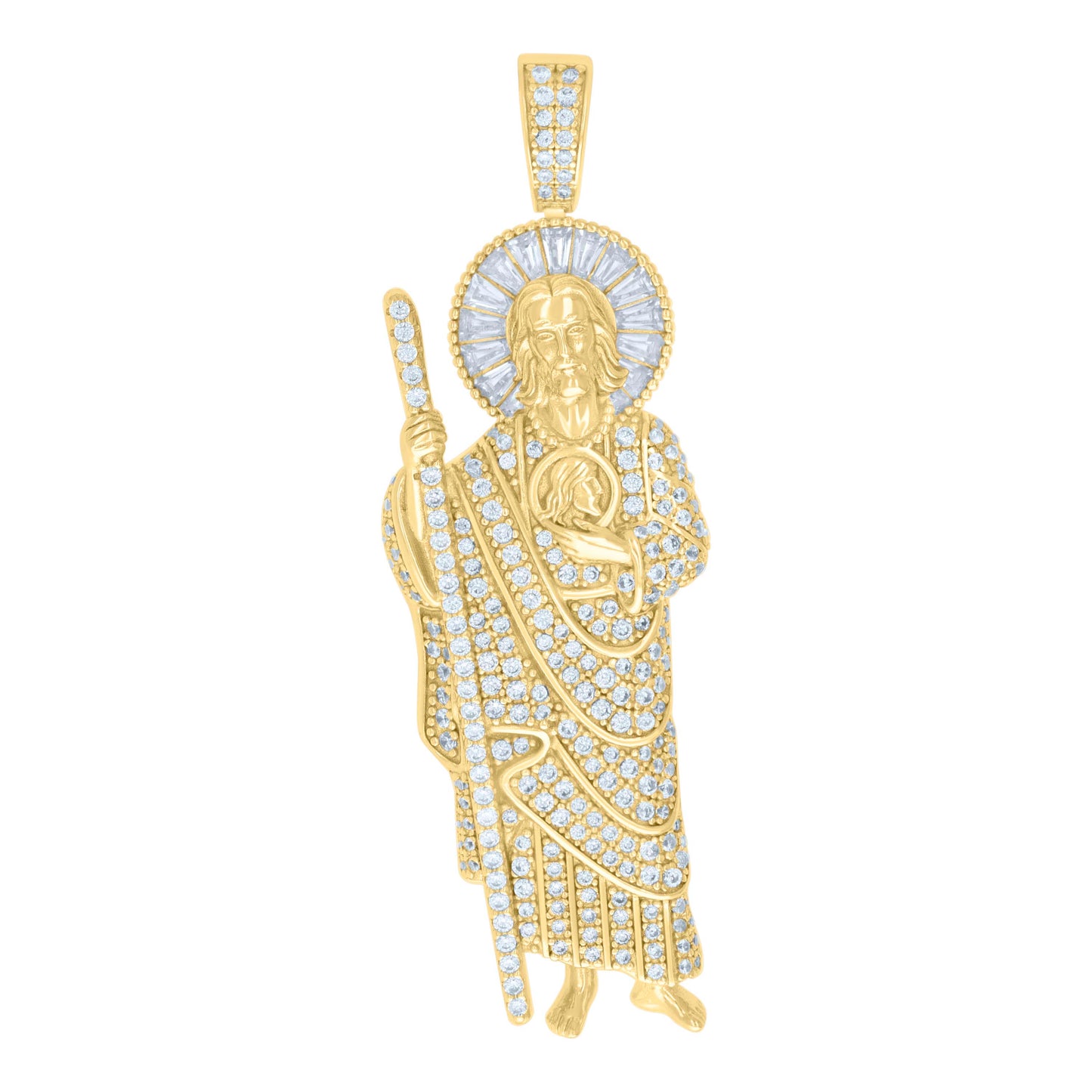 Sterling Silver Unisex Round Baguette Cubic-Zirconia ST. Jude Religious Charm Pendant