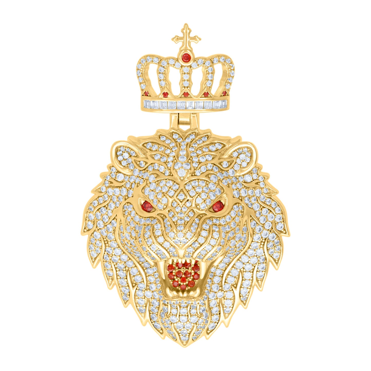 Sterling Silver Mens White Red Cubic-Zirconia King Lion Animal Wildlife Charm Pendant