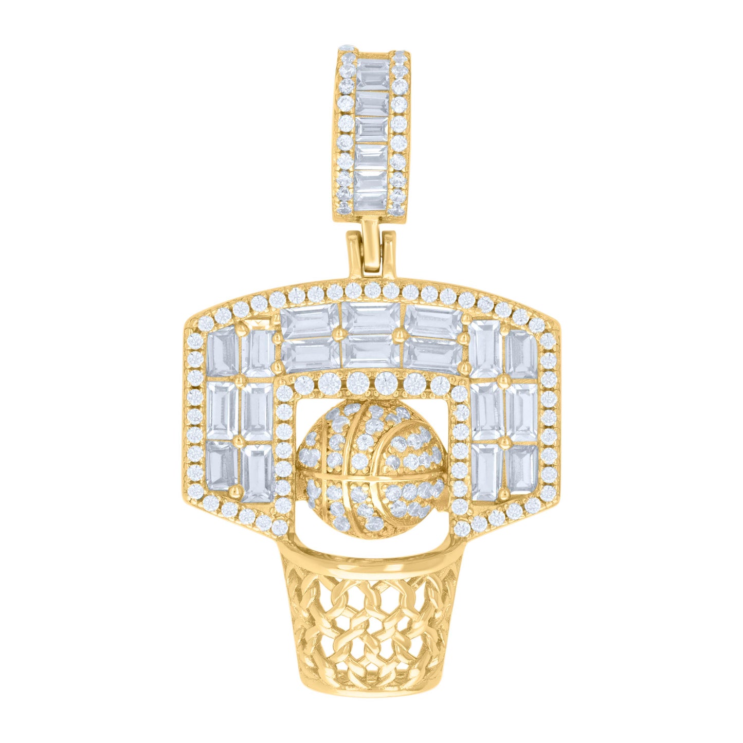 Sterling Silver Mens Round Baguette Cubic-Zirconia Basketball Sports Charm Pendant