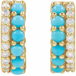 14K Yellow Gold Round 2 Mm Natural Turquoise And 1/8 Ctw Natural Diamond Huggie Earrings