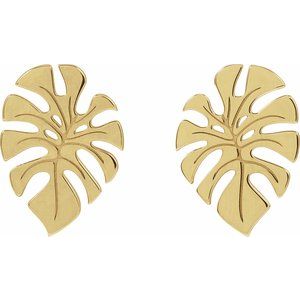 14K Yellow Gold 18 X 13 Mm Pair Friction Backs Included Polished Monstera Leaf Stud Earrings