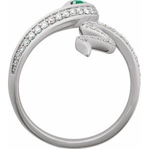 14K White Gold Natural Emerald Round 2.5 Mm Natural Diamond Polished Natural Emerald And 1/3 Ctw Natural Diamond Snake Ring Size 7