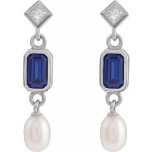 14K White Gold Emerald 5 X 3 Mm Lab-Grown Blue Sapphire And .05 Ctw Natural Diamond And Cultured Pearl Dangle Earrings